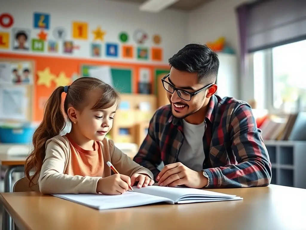 A dedicated tutor guiding a student through an English lesson, focusing on grammar, vocabulary, and comprehension skills in a supportive setting.