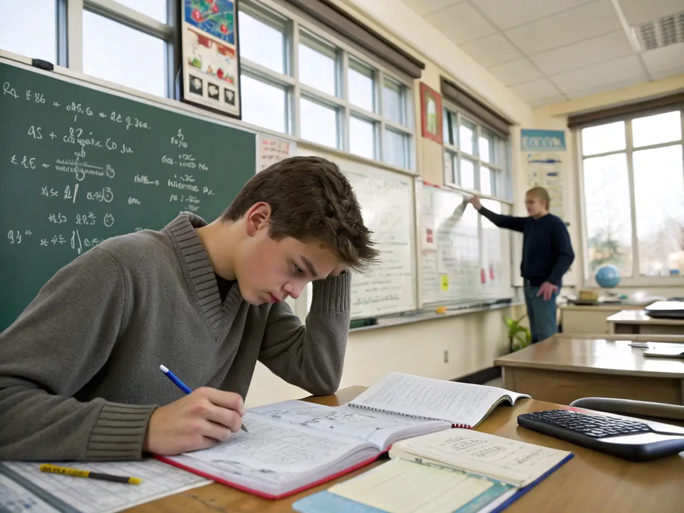 A focused young student diligently working on a math problem with a tutor in a brightly lit, modern classroom setting. The tutor is pointing at the problem, guiding the student through the solution.