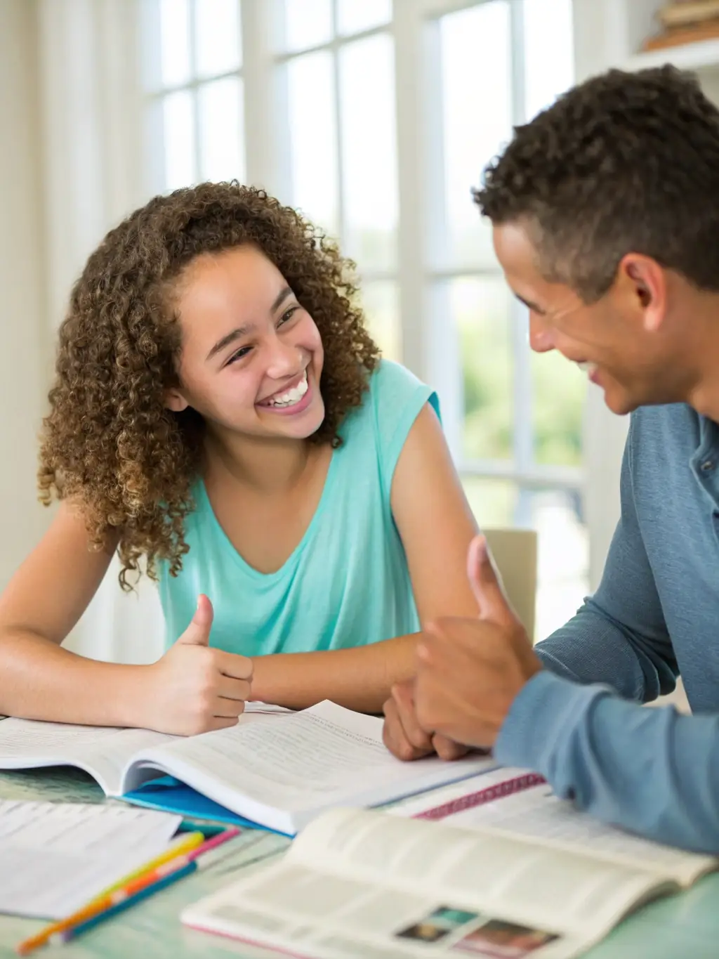 A picture of a student receiving positive feedback from a tutor, illustrating the high educational standards and encouragement at IronMan Academy. The student looks confident and happy.
