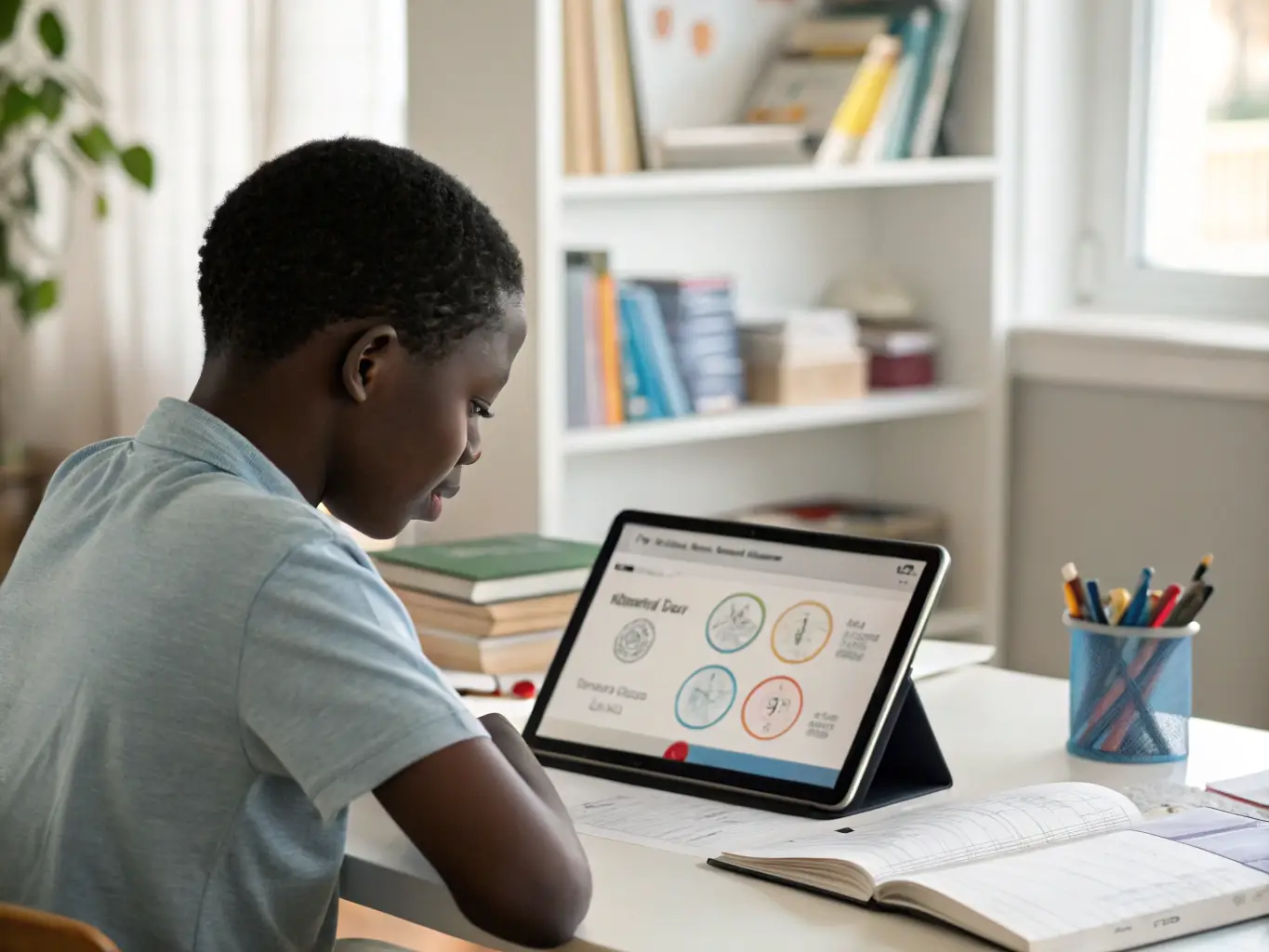 A focused young student diligently working on a math problem with a tutor in a bright, encouraging learning environment, showcasing personalized attention.