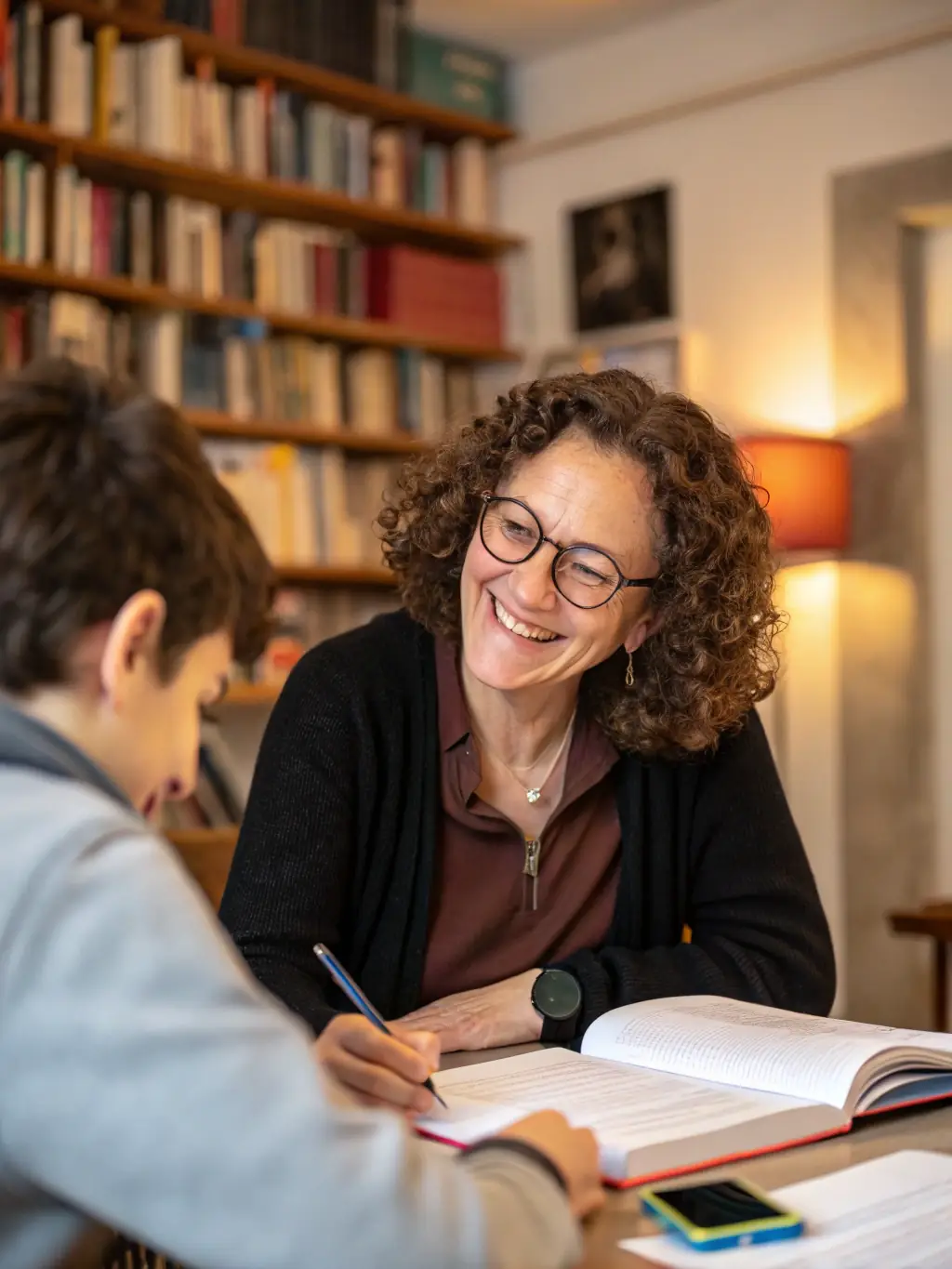 A focused image of a tutor providing one-on-one instruction to a student, highlighting the personalized attention at IronMan Academy. The setting is a quiet, well-lit study room.