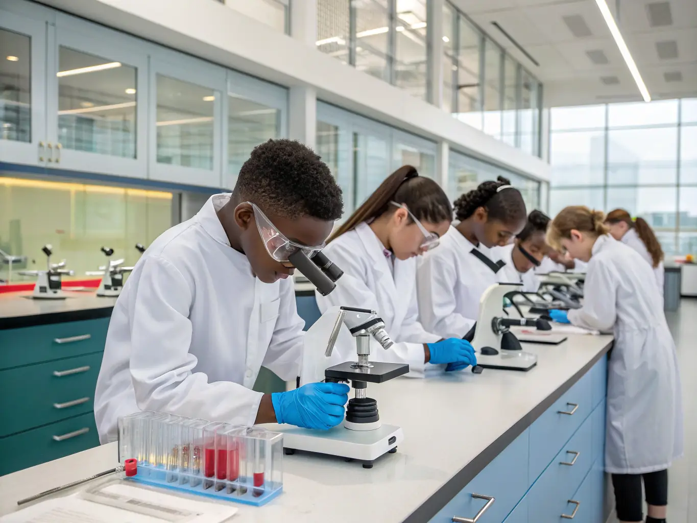 A diverse group of students participating in a science experiment with a tutor in a well-equipped laboratory. The students are engaged and excited about learning.