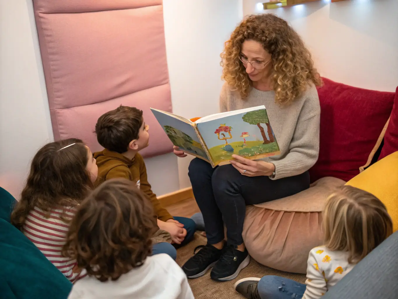 A cheerful student reading a book with a tutor in a cozy corner of a library. The tutor is smiling and encouraging the student to read aloud.